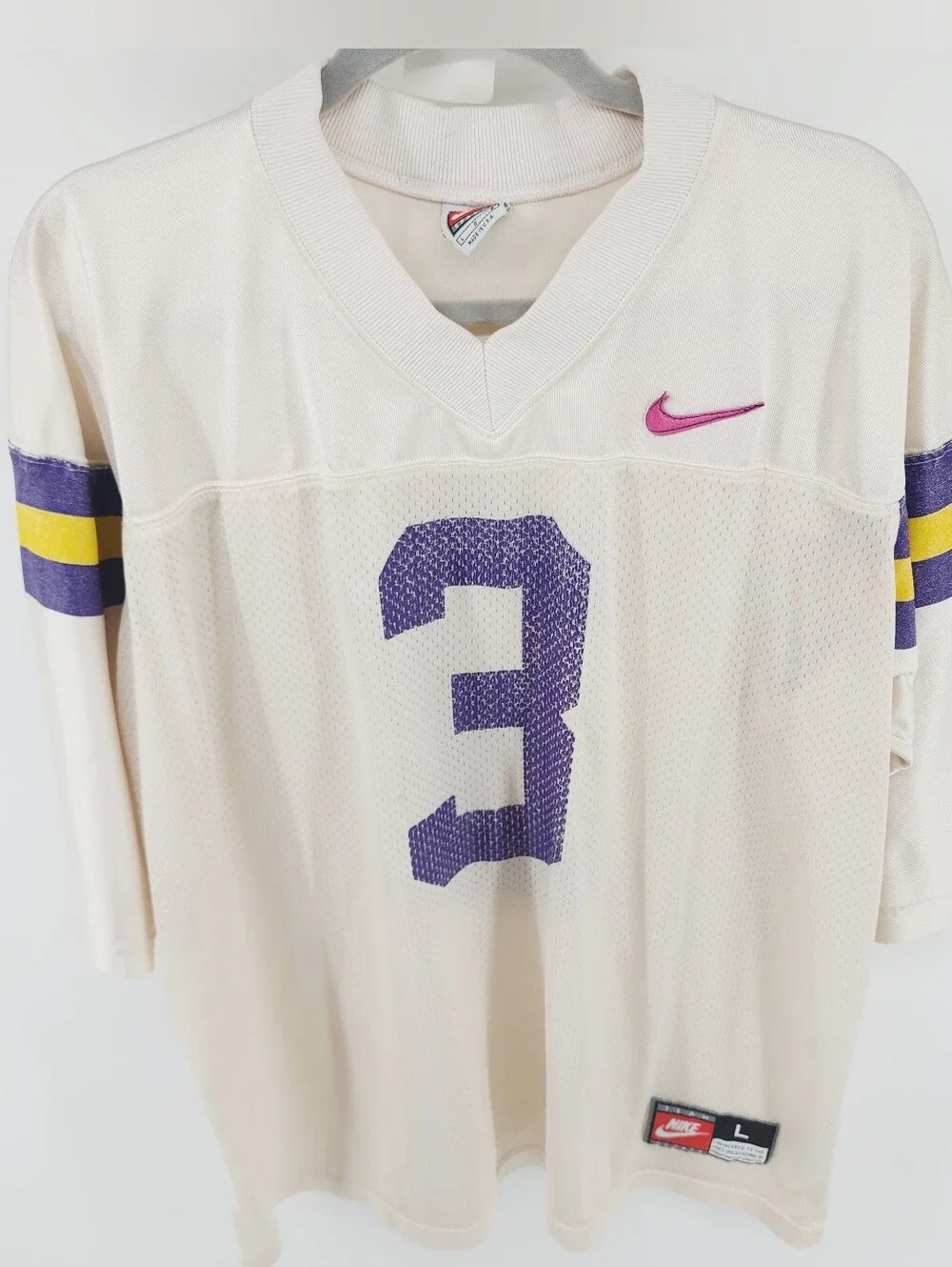 Vintage 90s Nike Team Sports Football Jersey #3 White Purple Yellow USA Made L
